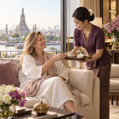 Coordinator bringing tea to a patient recovering in a Bangkok hotel suite