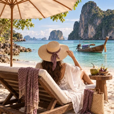 Woman relaxing on a beach in Krabi with limestone cliffs and a long-tail boat
